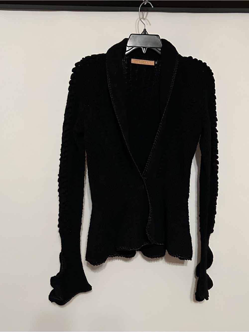 Black Open-Front Knit Cardigan with Textured Sleeve Detail